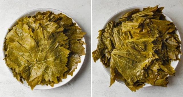 Collage of washed grape leaves before and after cutting the veins