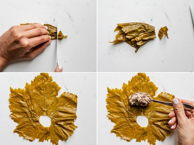 Collage of process shots showing how to cut the grape leave and stuff it