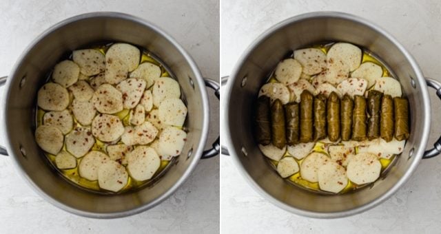 Collage of two images of a pot with potatoes and then the grape leaves stacking on top