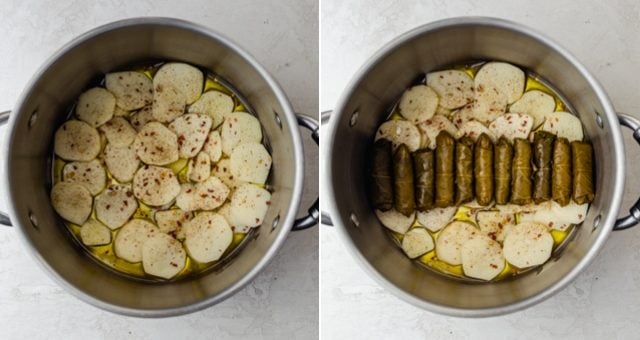 Colagem de duas imagens de uma panela com as batatas e, em seguida, as folhas de uva de empilhamento no topo