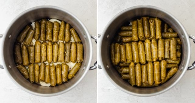 Collage of two images of grape leaves getting stacked in pot