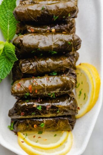 Close up of Lebanese stuffed grape leaves - warak enab