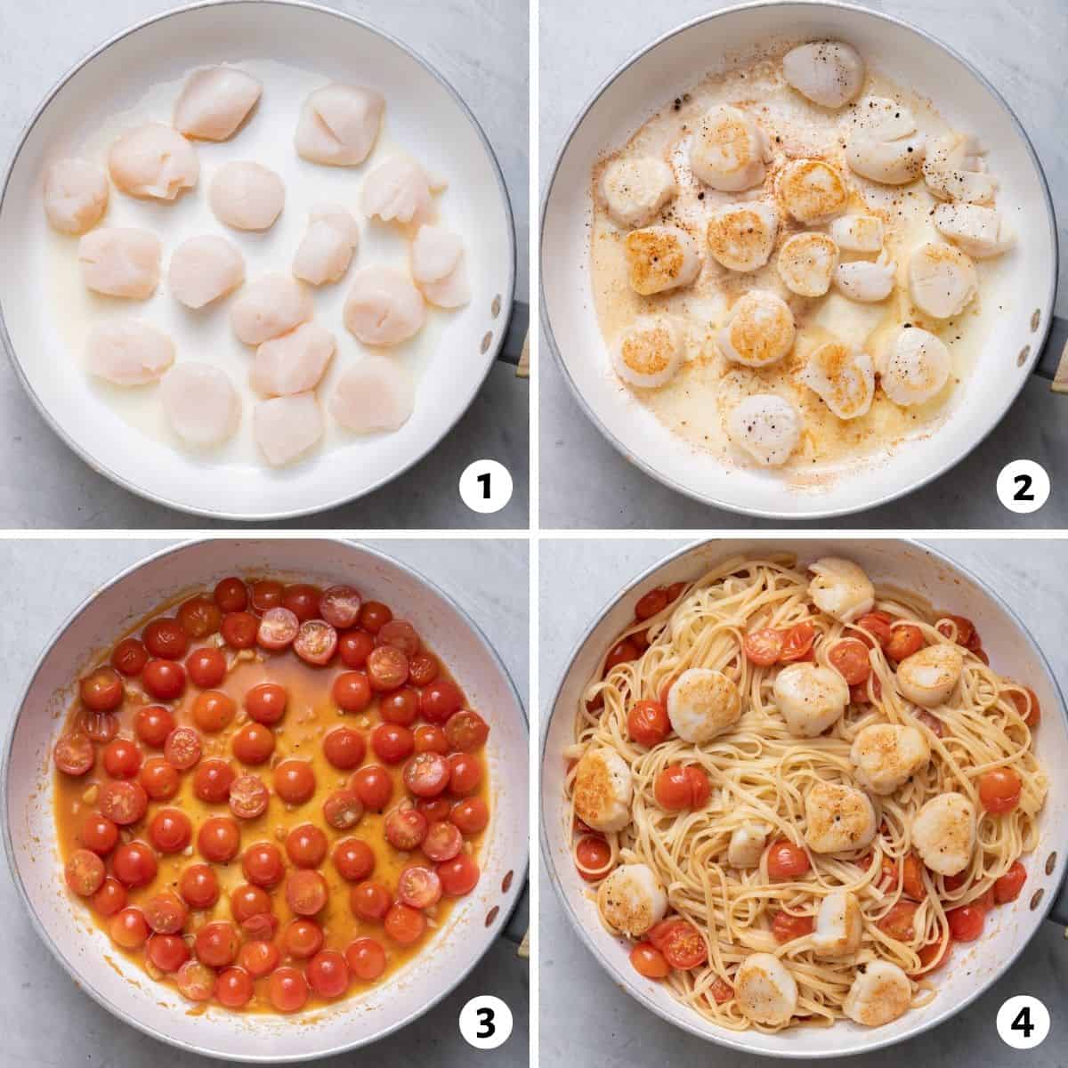 4 image collage to show how to pan sear the scallops, then cook the tomatoes, then toss with the pasta