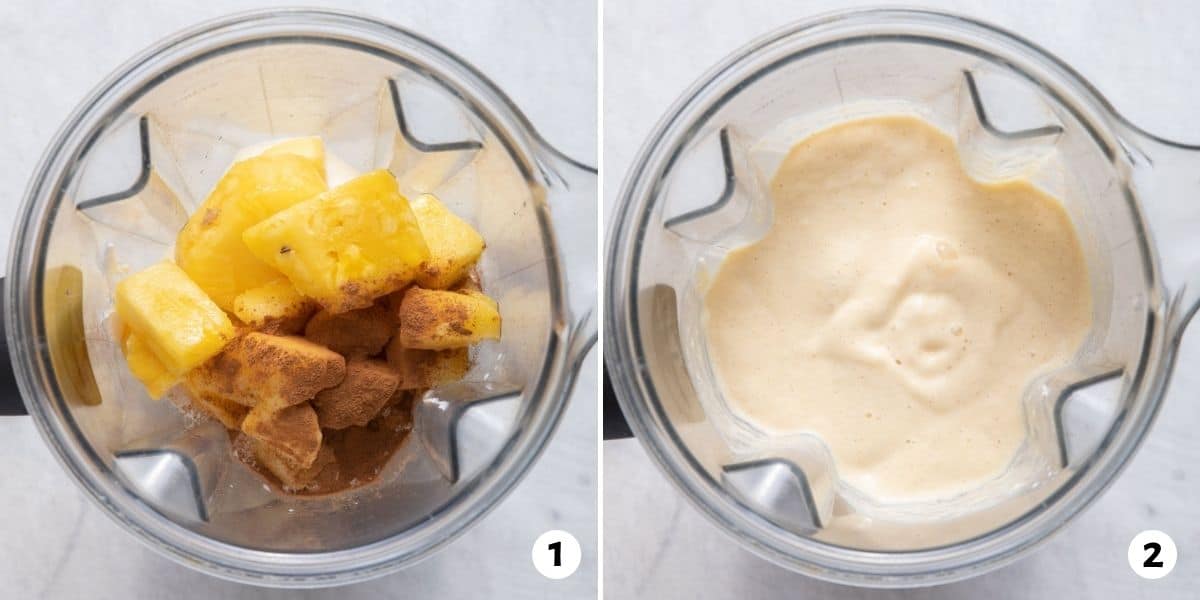 2 image collage to show the ingredients in a blender before and after blending