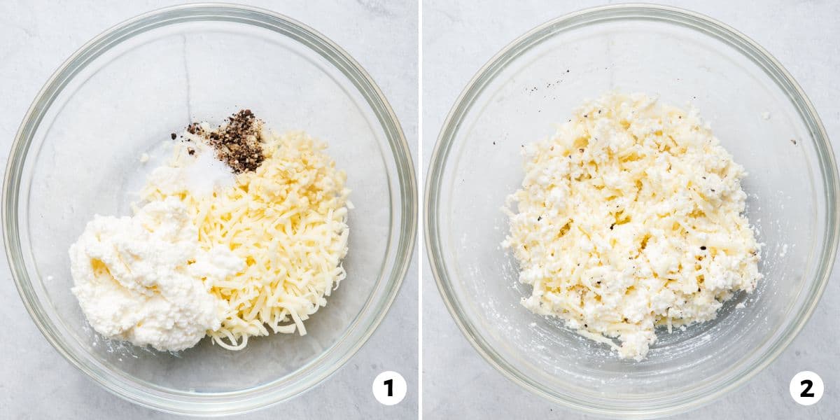 Ricotta mixture ingredients shown in bowl before and after being combined.