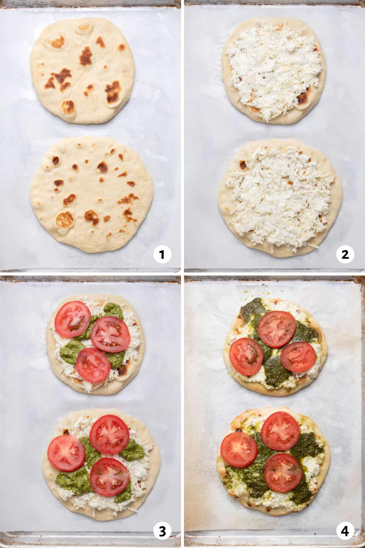 4 image collage making recipe by placing 2 flatbreads on a parchment lined baking sheet, add ricotta mixture, then pesto and tomatoes, and showing flatbread after baking.