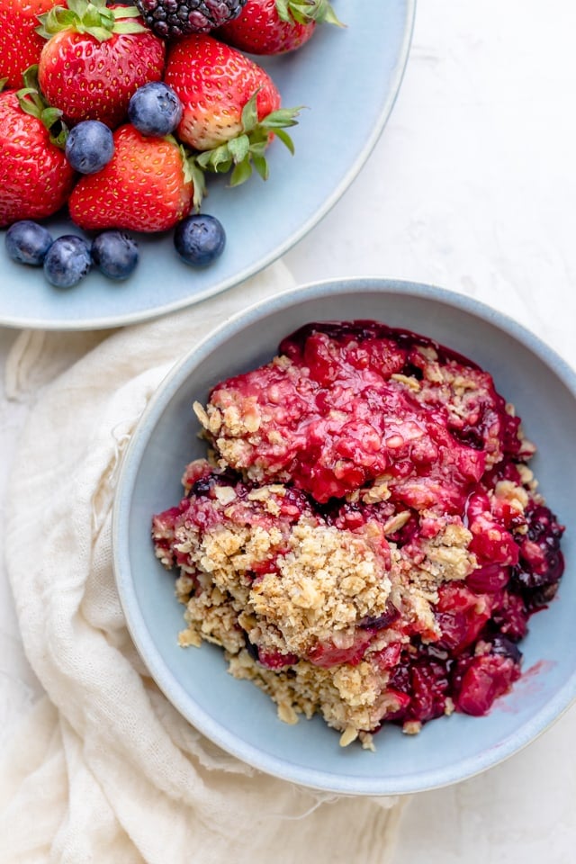 top down shot of berry crisp in a bowl