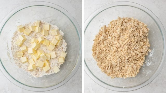 collage of butter in a bowl mixed into a flour