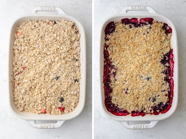 before and after baking shots of berry crisp in a white dish