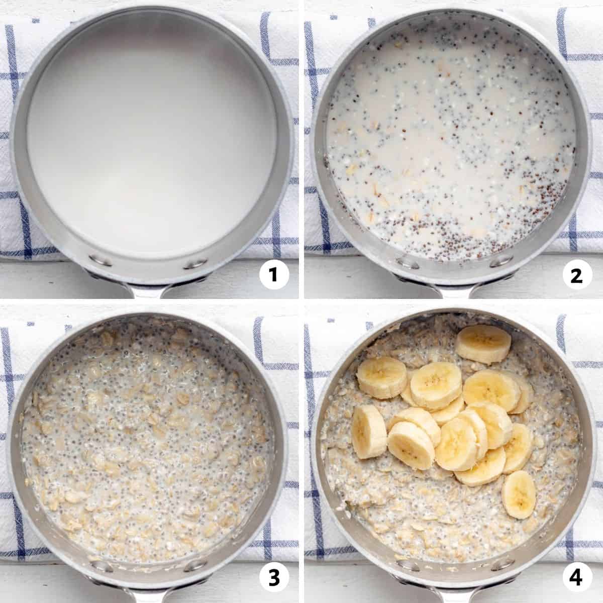 4 image collage to show how to make the protein oatmeal in a small stainless steel pot