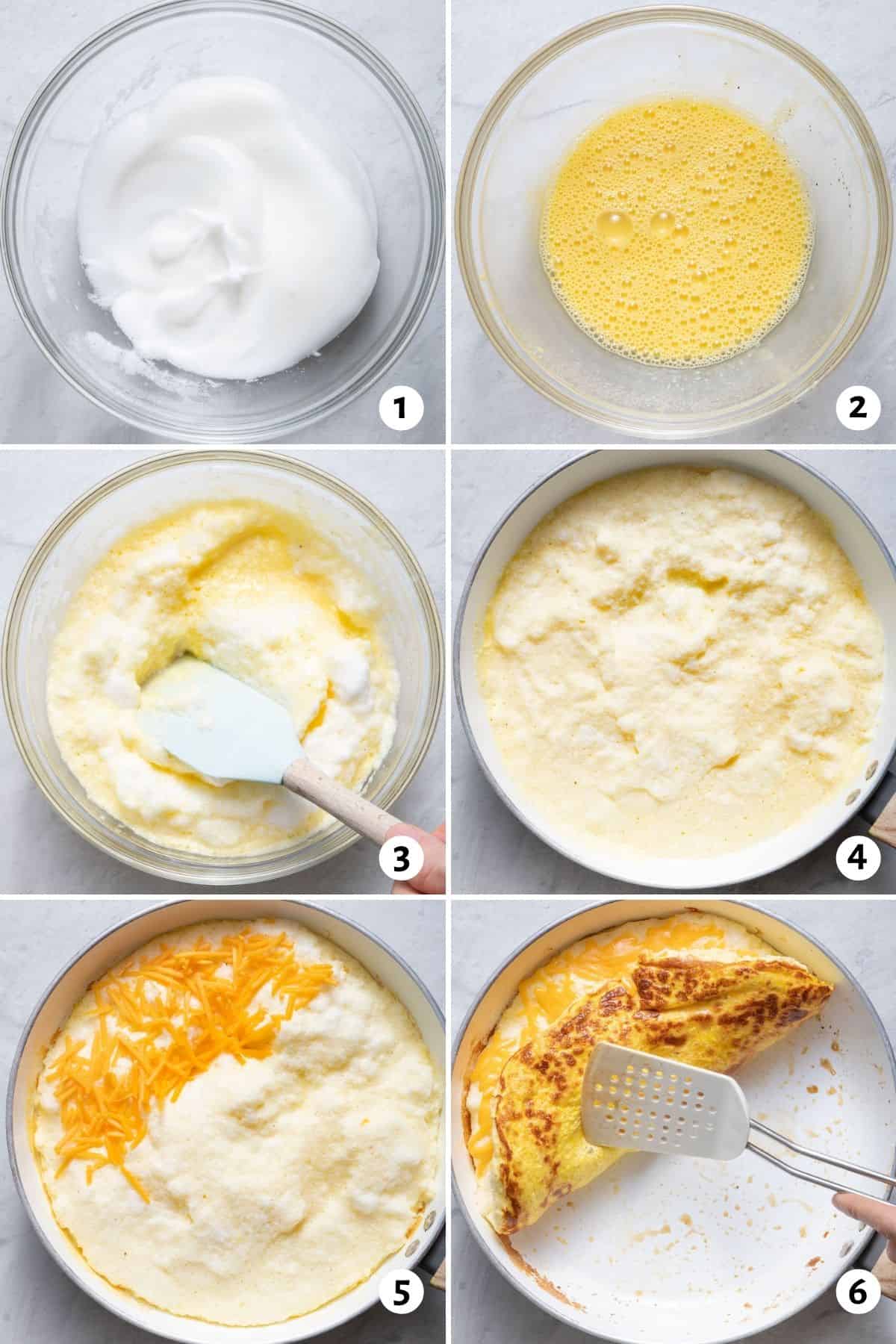 6 image collage to show how to separate the eggs and then how to cook the recipe