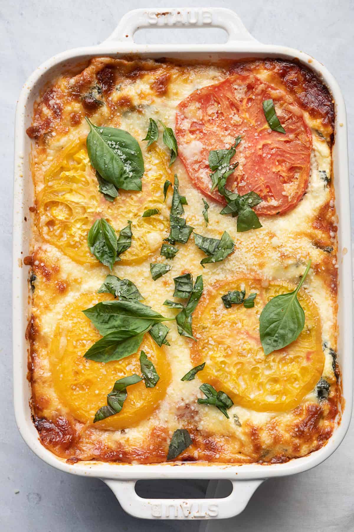 Heirloom Tomato Lasagna in a baking dish after cooked