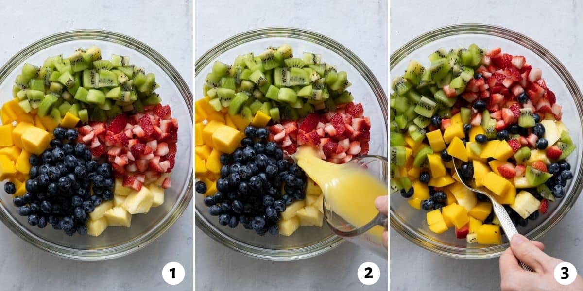 3 image collage on how to prepare fruit salad.