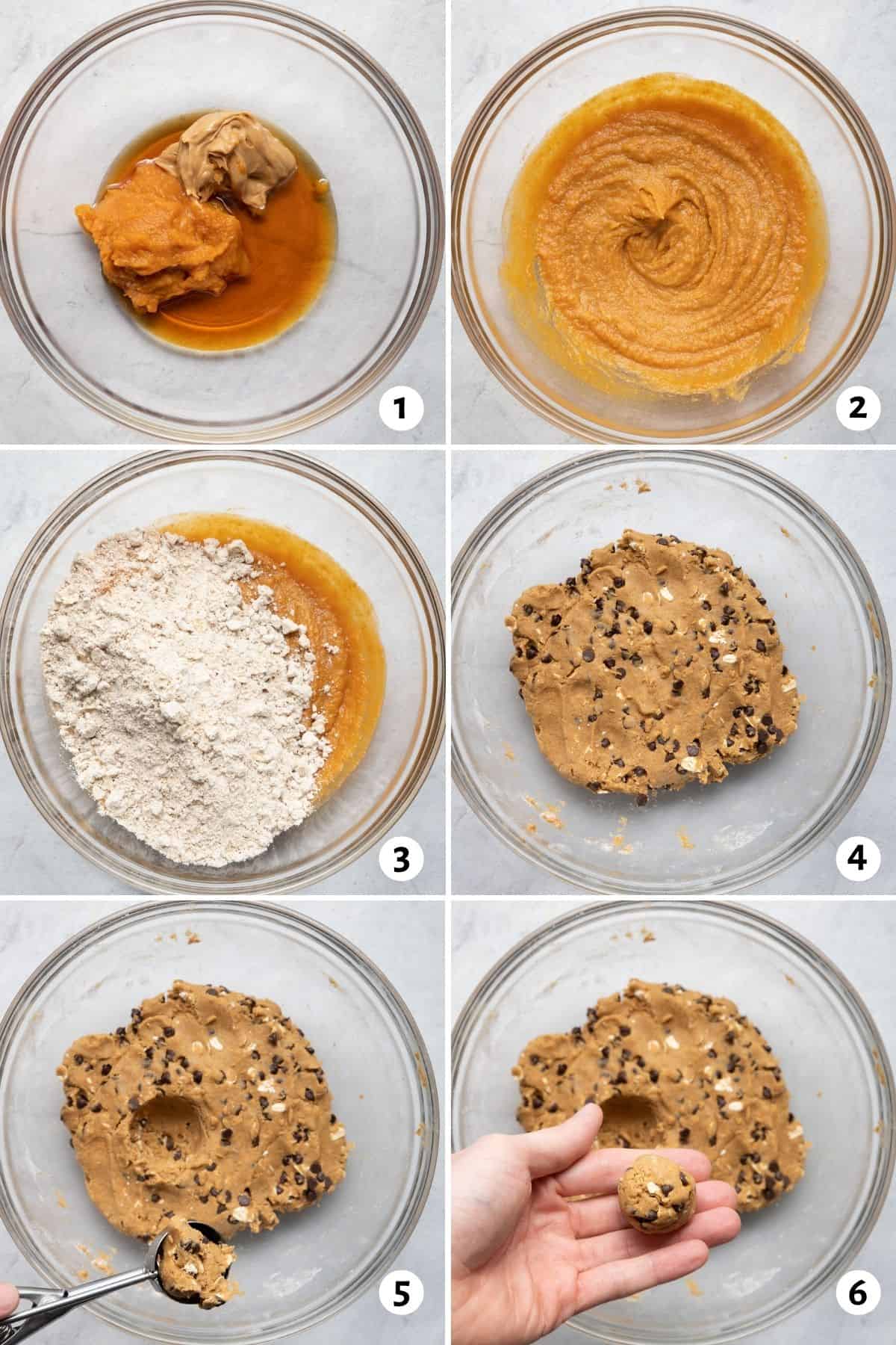 6 image collage to show how to mix the ingredients together, then roll them up into balls