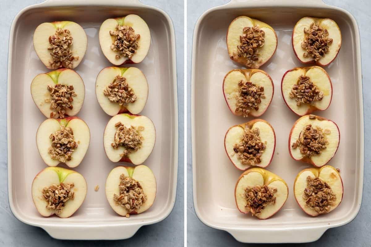 2 image collage to show the apples before and after baking