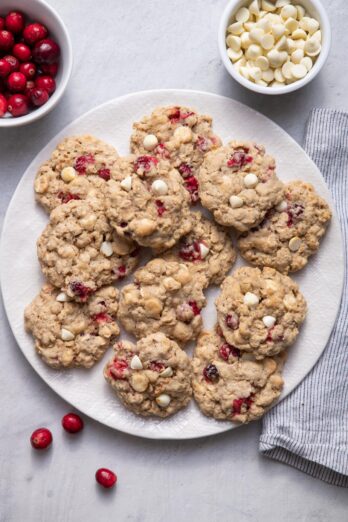 Large plate of oatmeal cranberry cookies with white chocolate