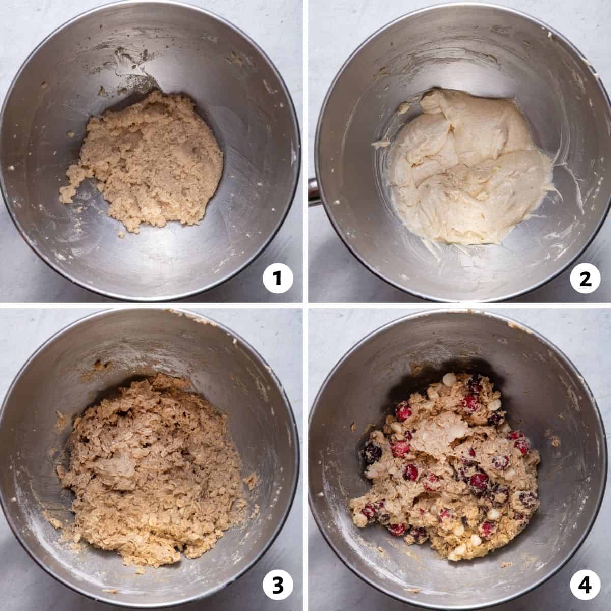 4 image collage to show how to make the cookie batter in a stand mixer