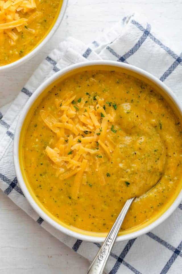 Healthy Broccoli and Cheese Soup in a brown bowl