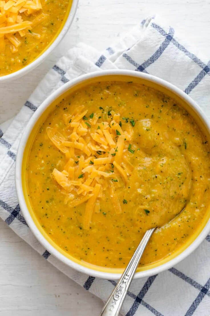 Healthy Broccoli and Cheese Soup in a brown bowl
