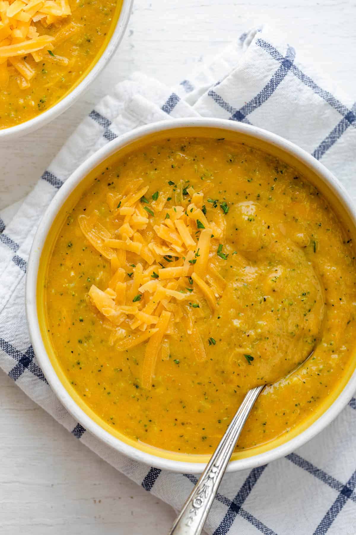Healthy Broccoli and Cheese Soup in a brown bowl