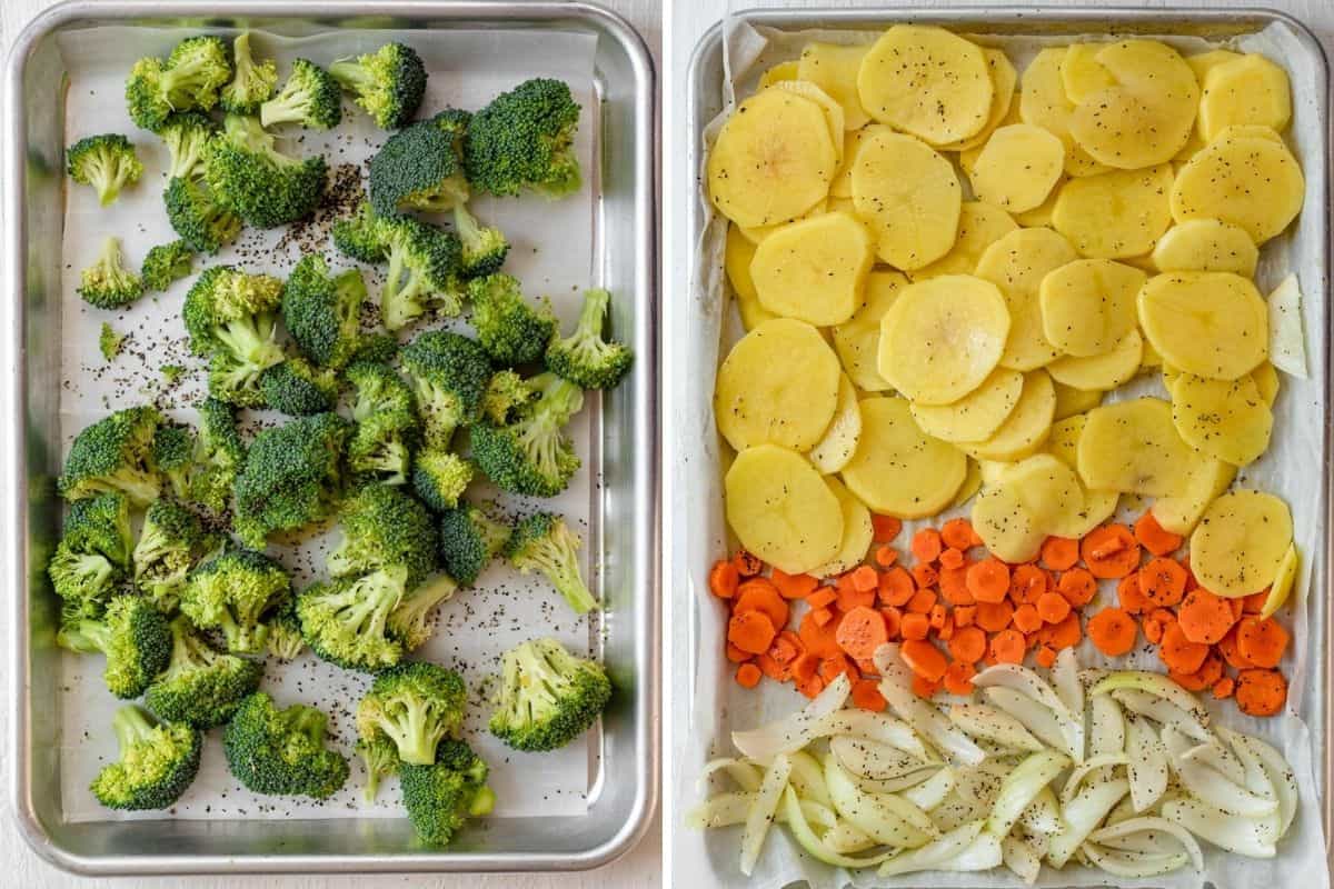 Collage of two images showing a tray of broccoli and a tray of potatoes, carrots and onions for roasting