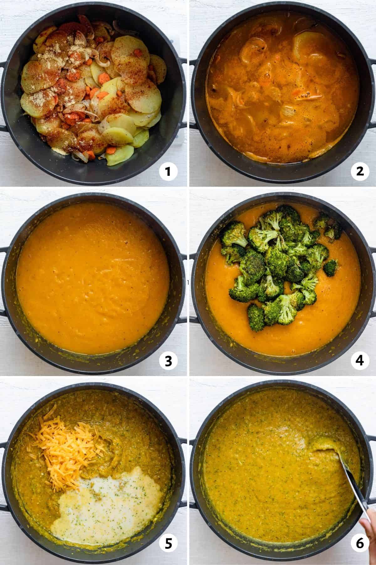 6 images showing the steps for making the soup all in one pot