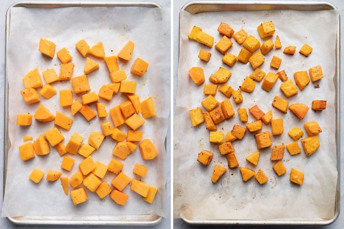 2 image collage to show the butternut squash before and after roasting