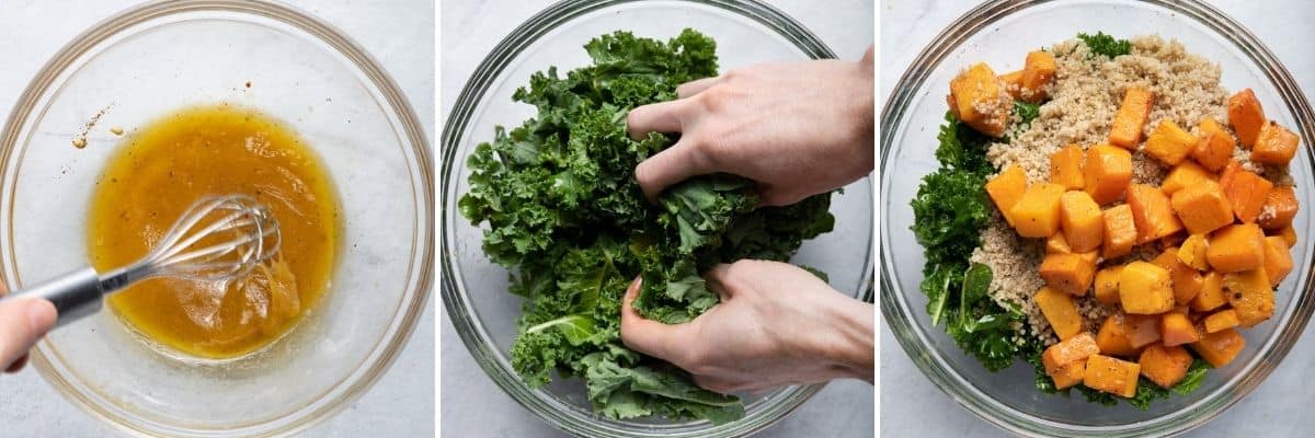 3 image collage showing the dressing, then the kale getting massaged and then the butternut squash and quinoa added on top