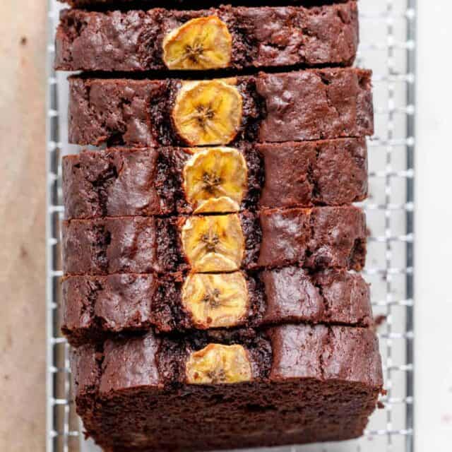 Chocolate Peanut Butter Banana Bread on wire rack all sliced