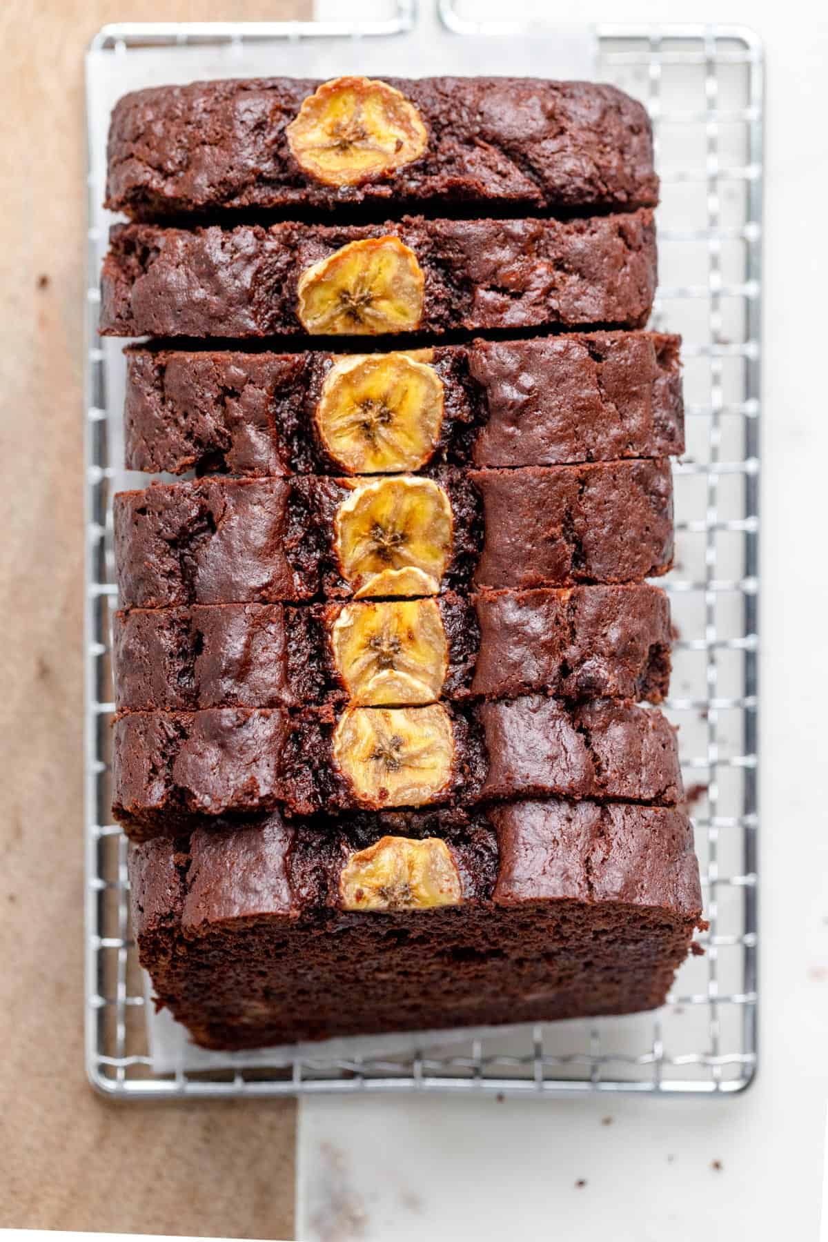 Chocolate Peanut Butter Banana Bread on wire rack all sliced 
