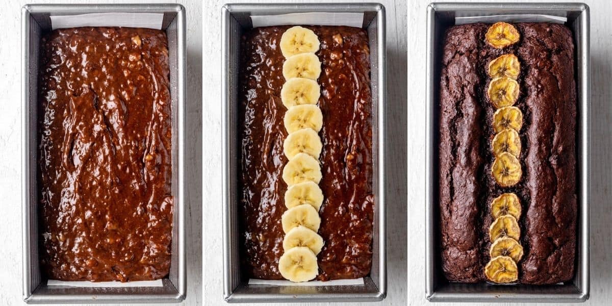 3 image collage showing the banana bread in a loaf pan, then topped with sliced bananas and then baked