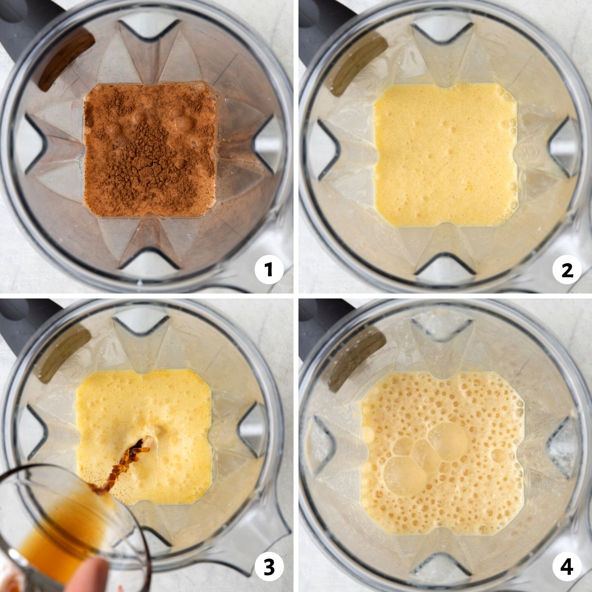 4 image collage blending ingredients for latte.