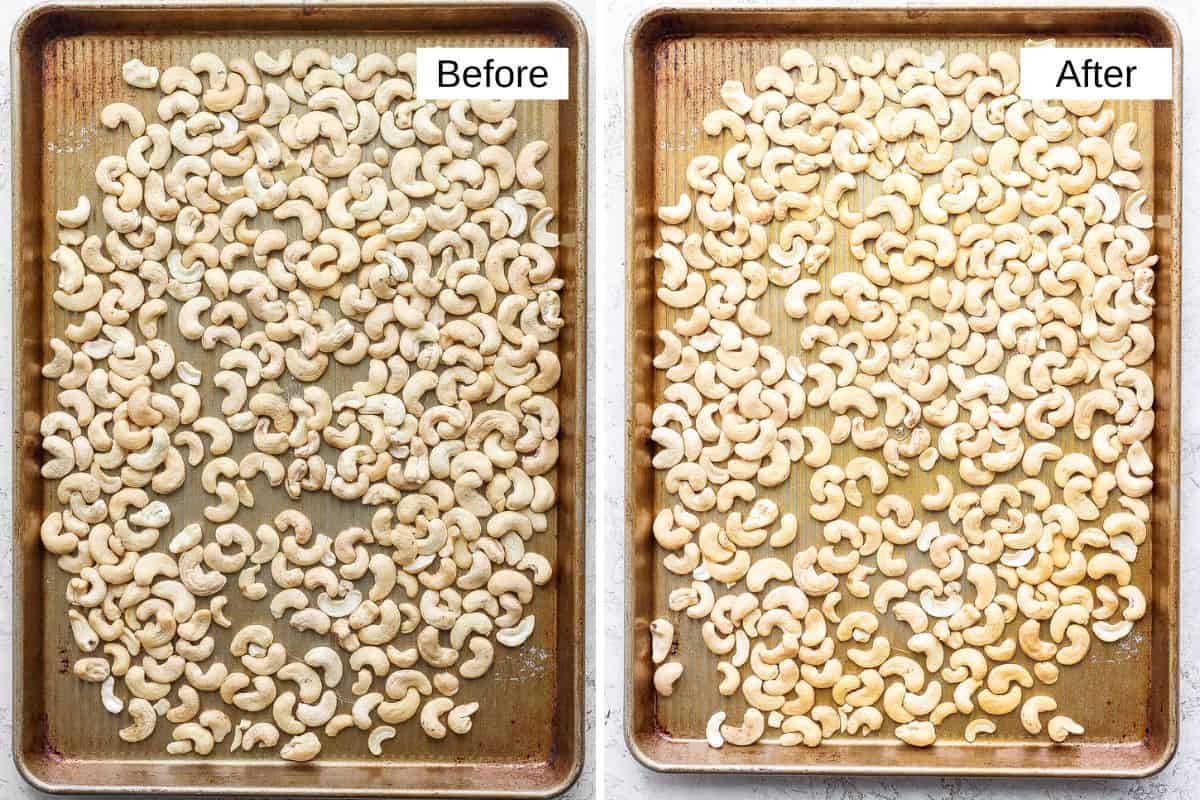 2 image collage showing raw cashews on a baking sheet before and after being baked.