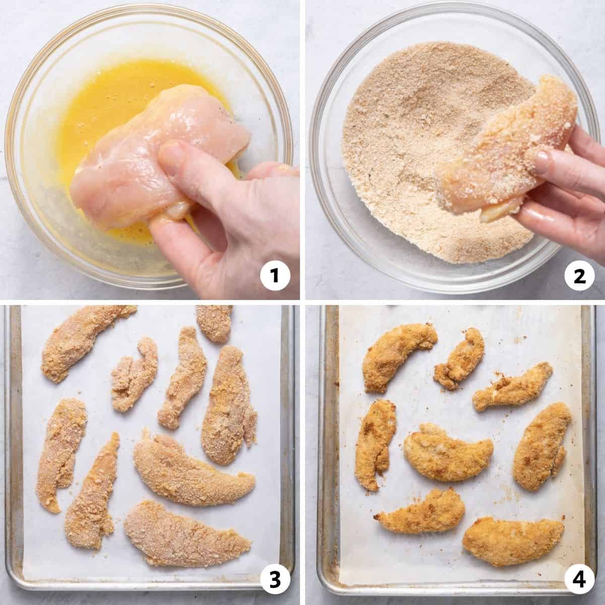 4 image collage to show how to bread the chicken tenders and bake in the oven