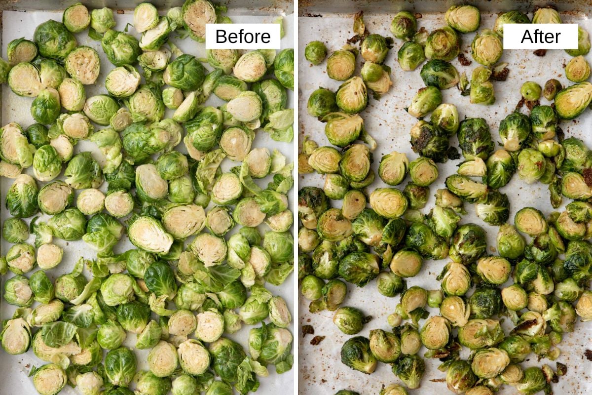 2 image collage of vegetable before and after roasting.