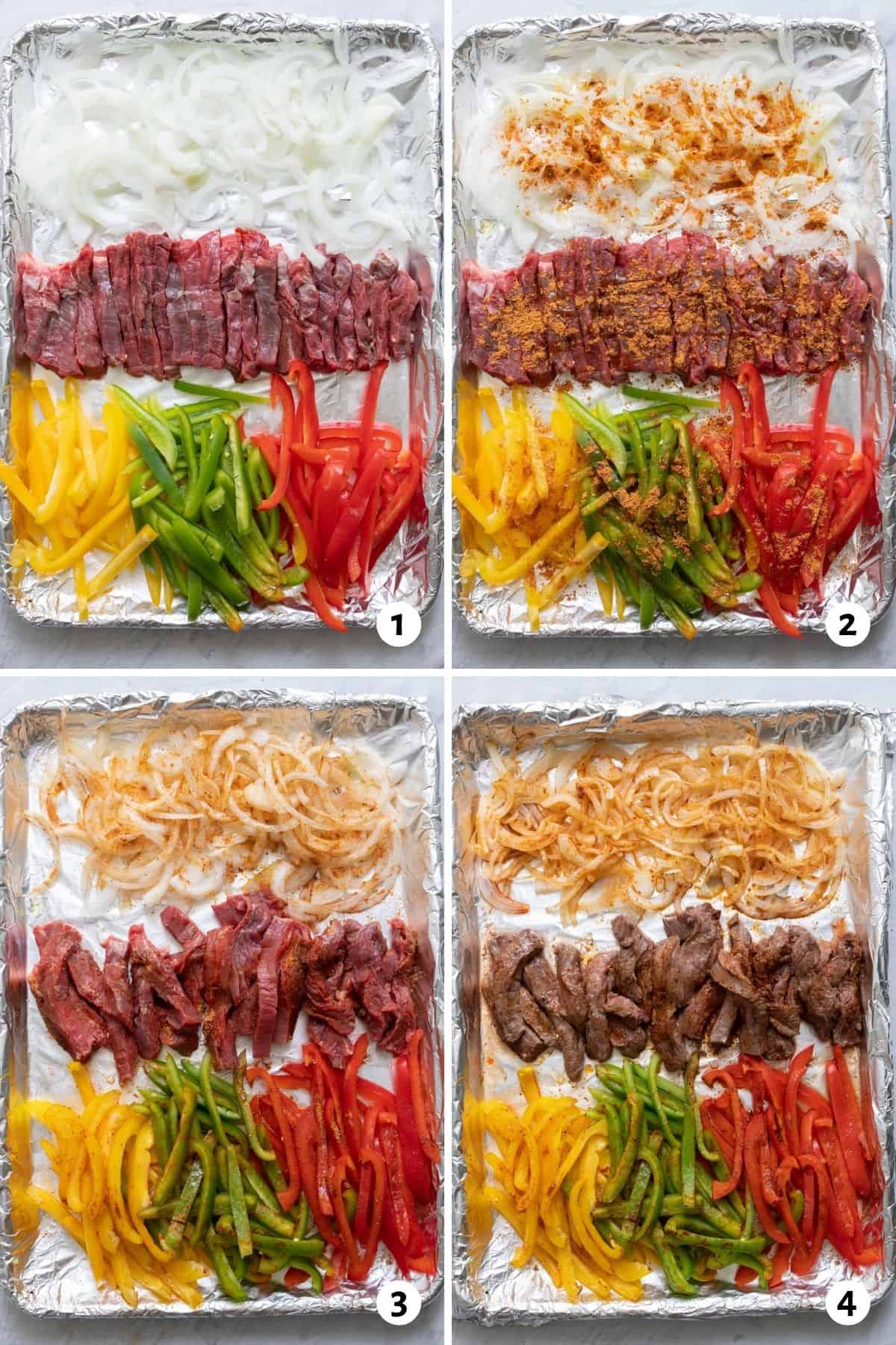 4 image collage on how to prepare baking sheet with fajita ingredients.