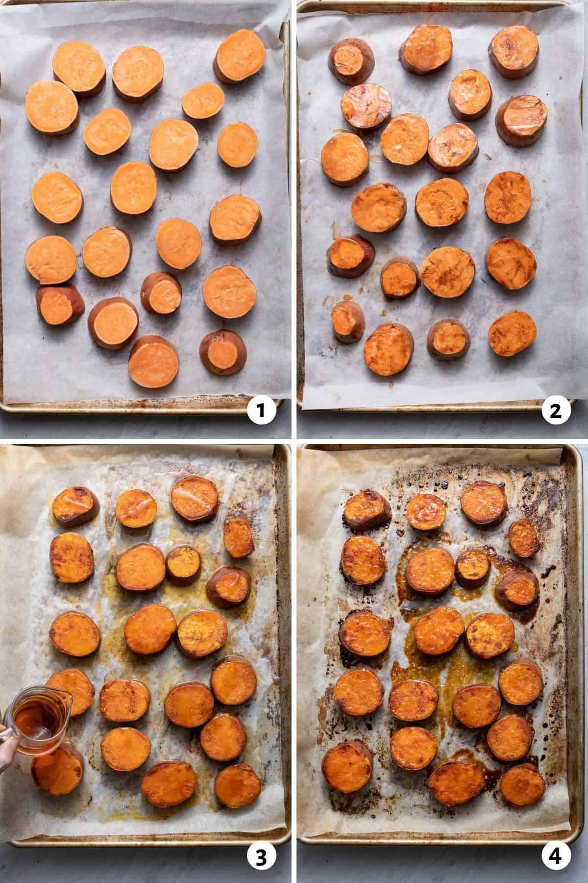 4 image collage to show how to roast the sweet potatoes