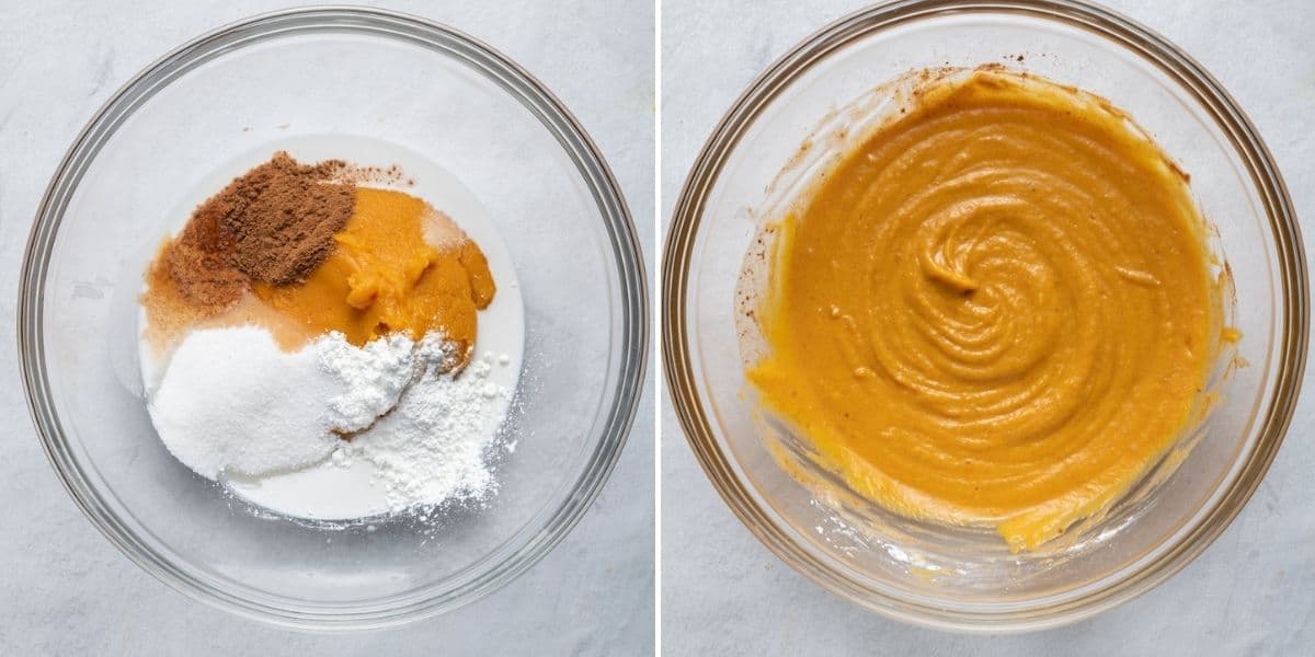 2 image collage to show the pumpkin pie filling before and after mixing