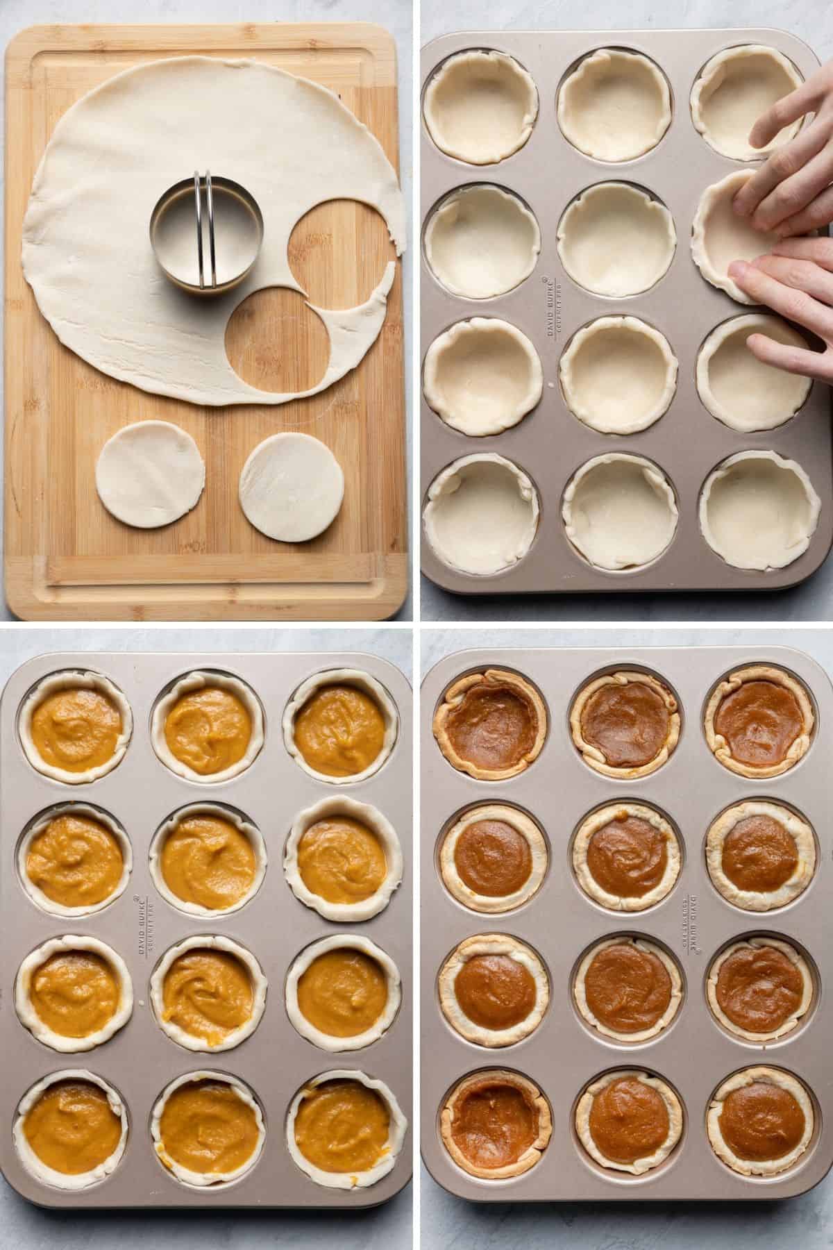 4 image collage to show how to cut the pie dough, place in muffin tin, add the pumpkin pie filling and the final results