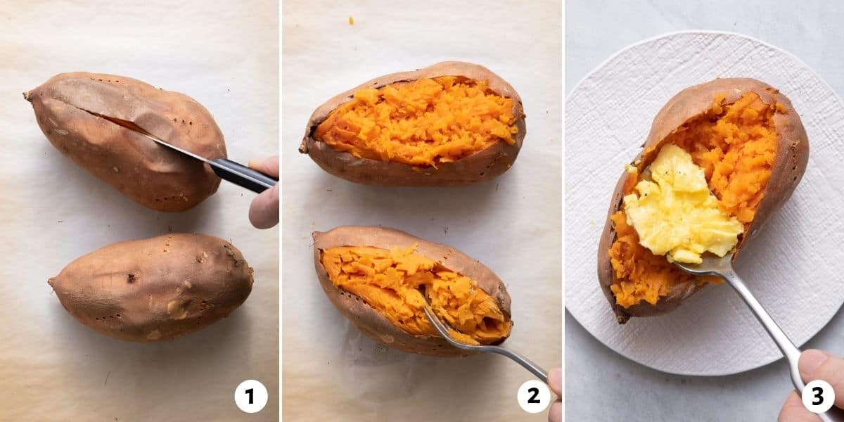 3 image collage to show how to cut the sweet potatoes, mash them and stuff them with eggs