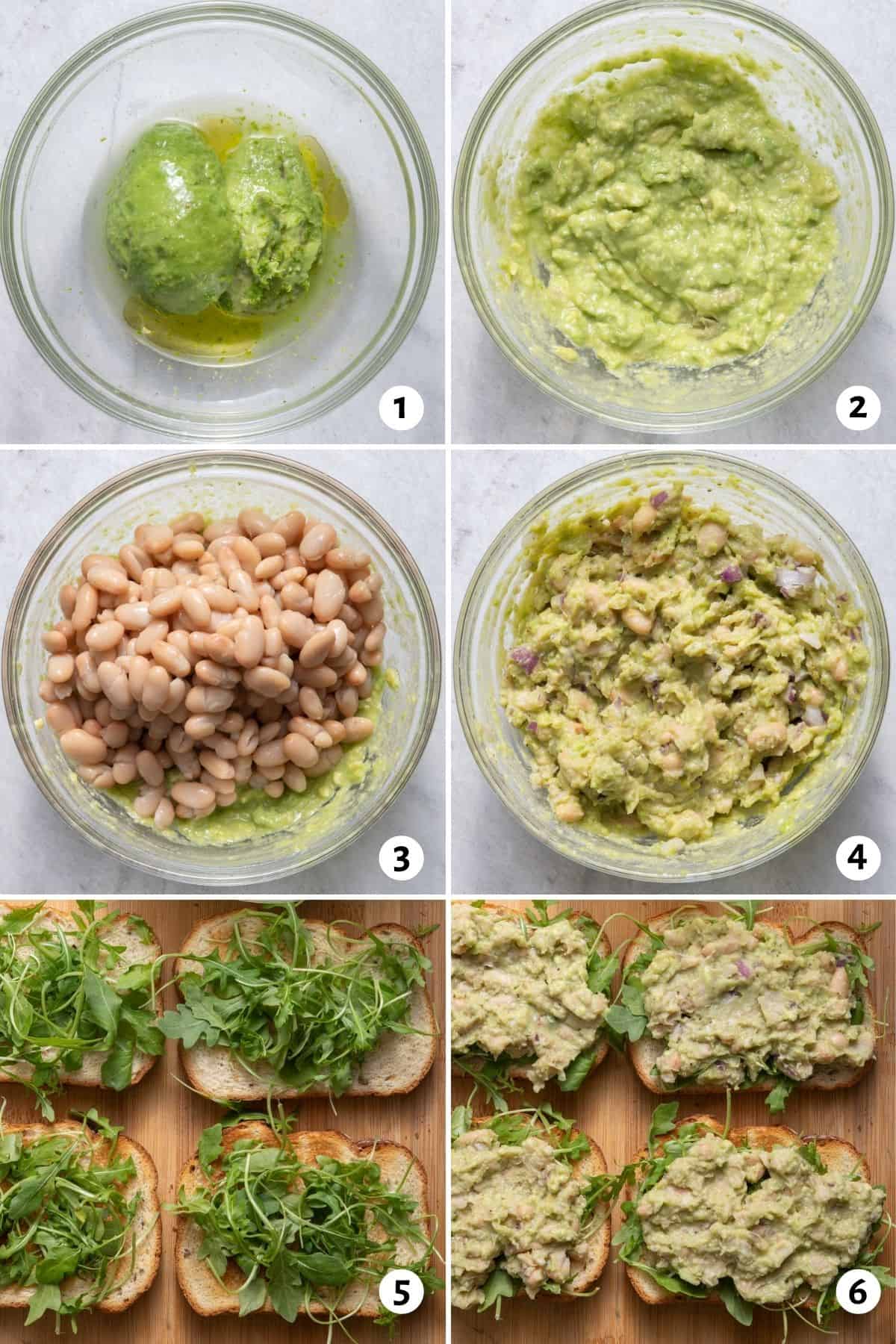 6 image collage showing how to mash the avocados, add the white beans on top and then make the sandwich