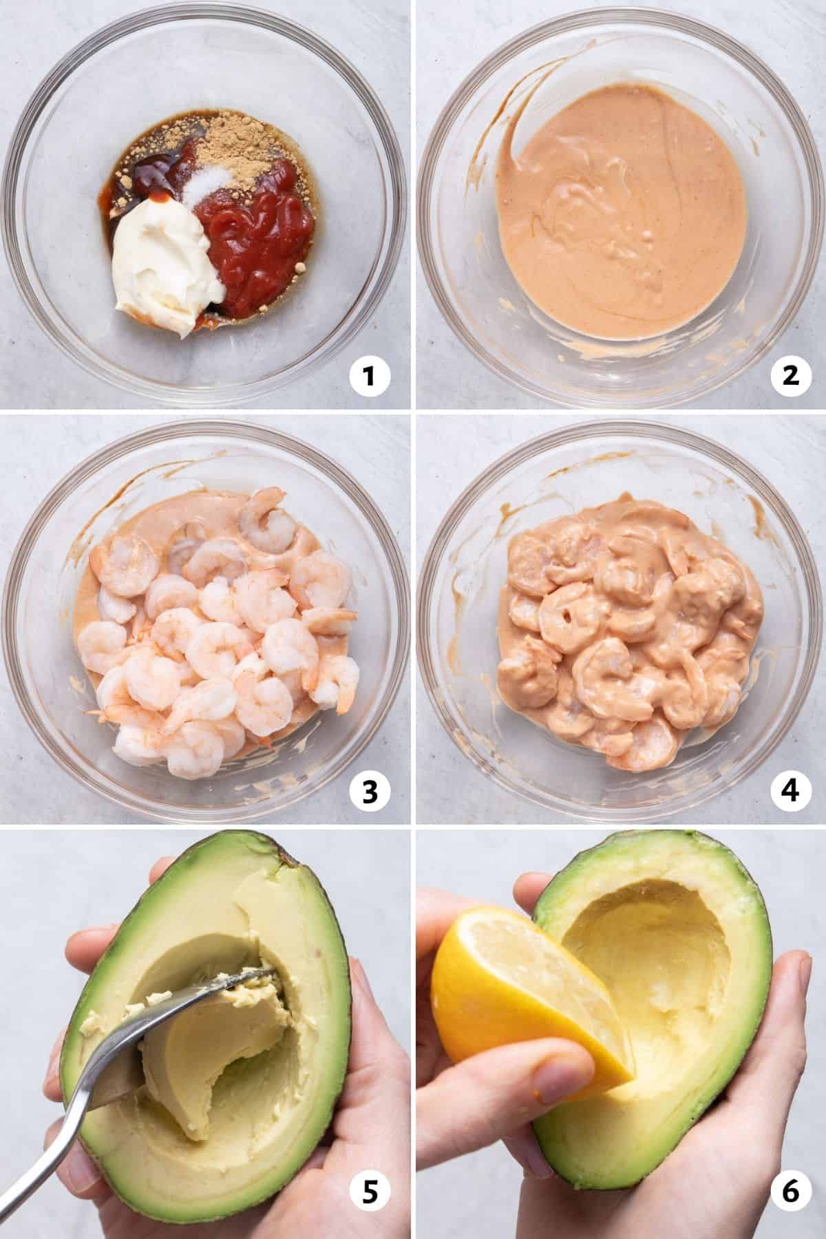 6 image collage to show how to make the cocktail sauce, mix with shrimp and then scoop out the avocados