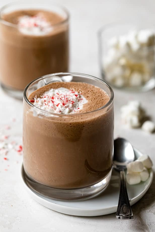 Vegan hot chocolate made with cashew milk and topped with crushed peppermint