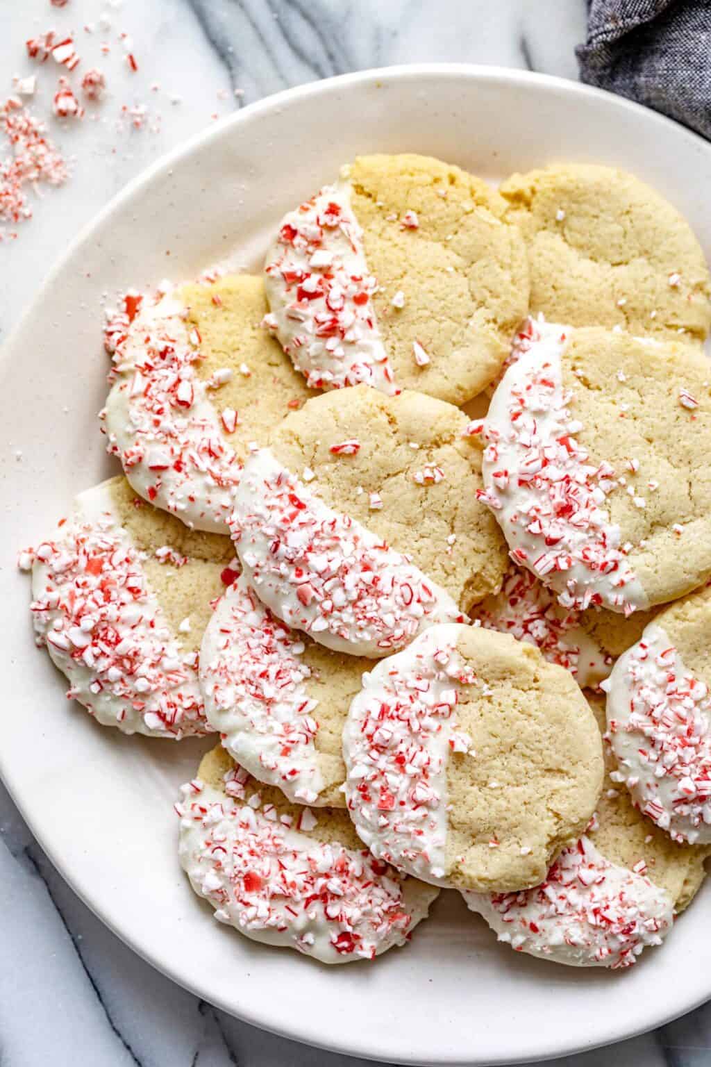 Peppermint Sugar Cookies {Dipped In White Chocolate} - Feel Good Foodie