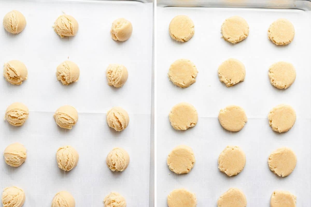 2 image collage to show the cookie dough as a ball and then flattened out