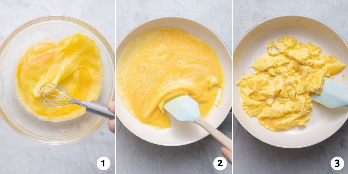 3 image collage to show how to make the scrambled eggs