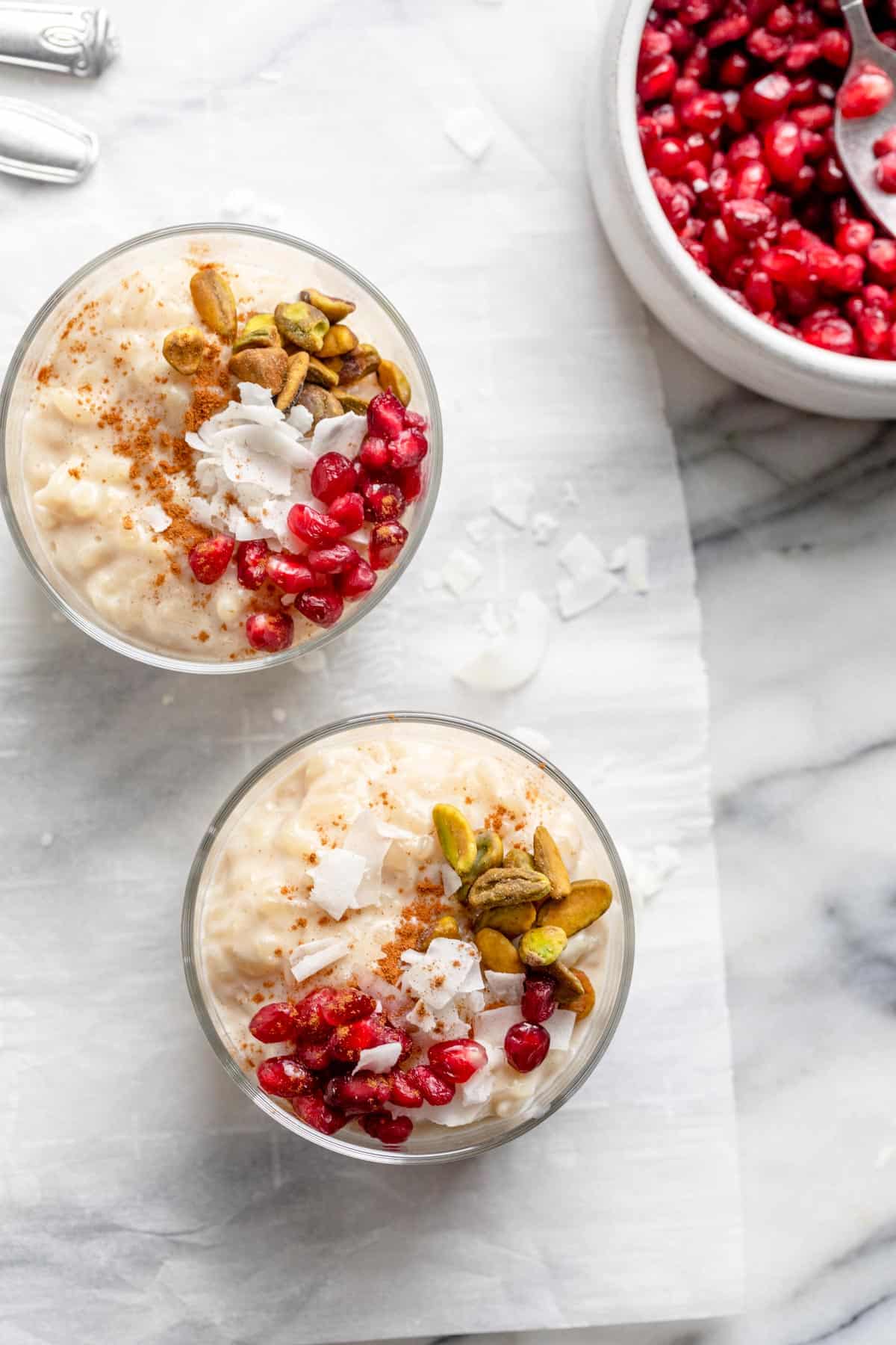 Close up shot of the middle eastern rice pudding made with almond milk