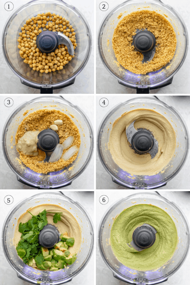 Collage of the blender process shots to show step-by-step tutorial for making recipe