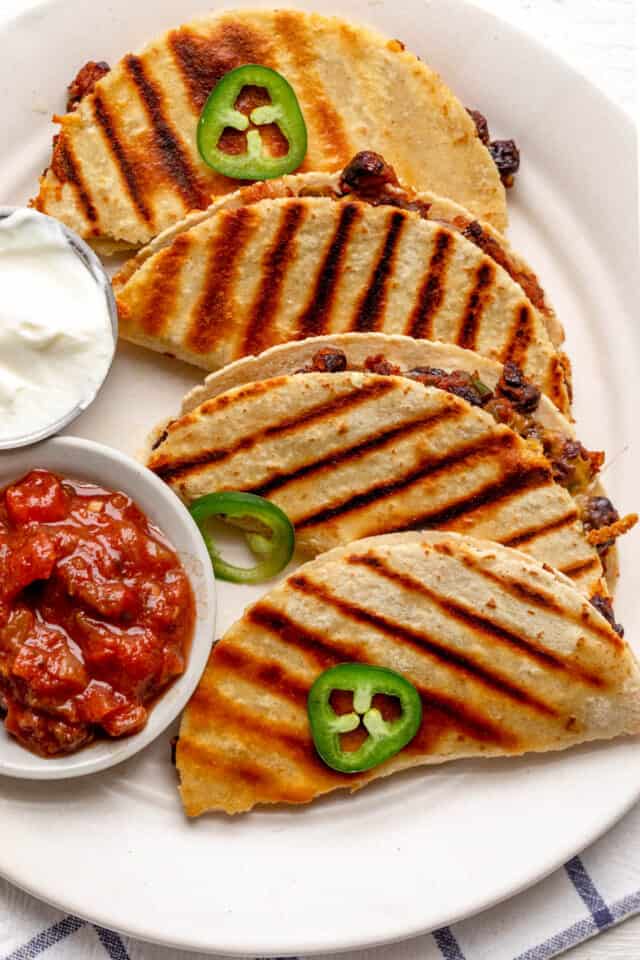 Close up shot of the quesadillas showing the grill marks