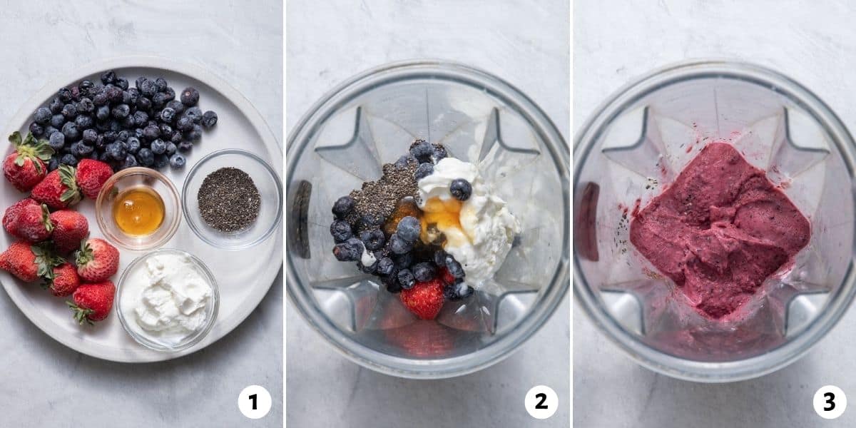 3 image collage to show the ingredients for making strawberry blueberry smoothie bowl, then in blender before and after blending